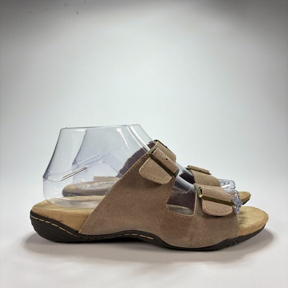 J-41 Pingree Tan Open Toe Suede Double Buckle Comfort Slide Sandals Women Sz 8M - Picture 1 of 9